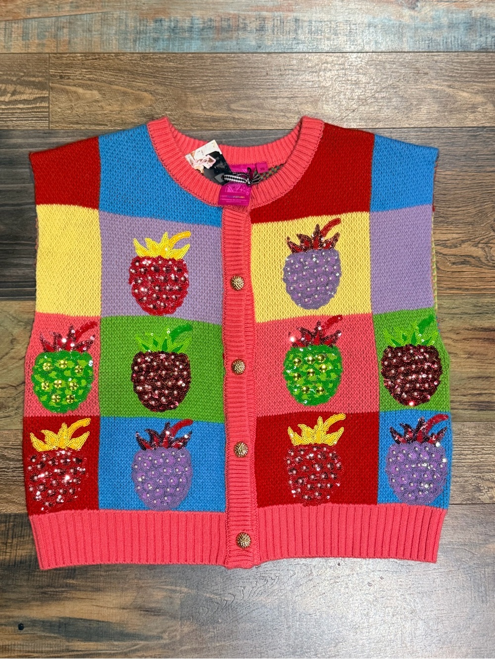 QUEEN OF SPARKLES Multicolor Beaded Strawberry Knit Vest